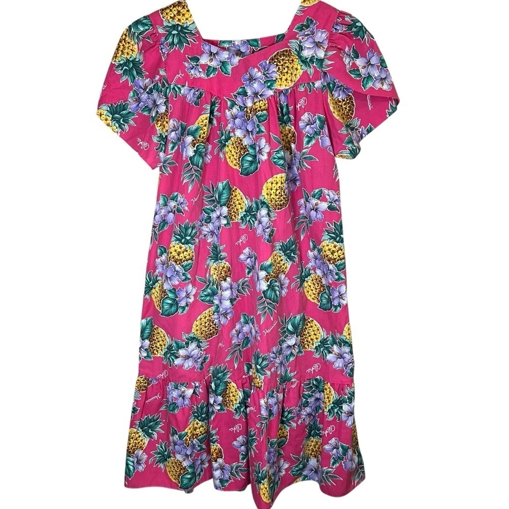 VTG Evergreen Island Aloha Hawaii Muu Muu Kaftan Midi Dress Pink Sz XL Pineapple